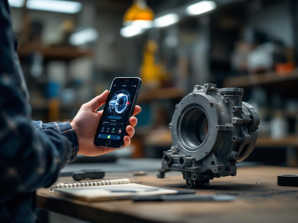 Engineer in a workshop or shop floor environment holding an iPhone Pro at approximately 1.5 meters from a worn mechanical part (pump housing, gearbox, or industrial bracket) mounted on a workbench. Visible LiDAR scanning interface on phone screen. In
