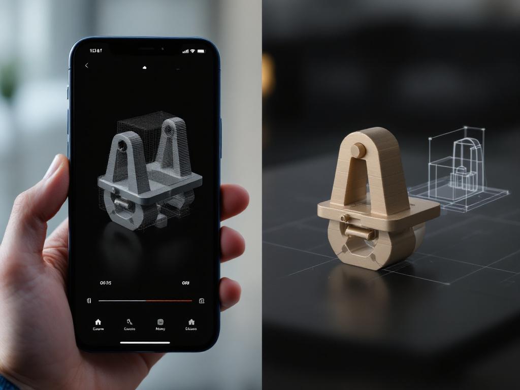 Split-screen composition: left half shows an iPhone screen mid-capture, displaying a real-time mesh overlay on a mechanical bracket; right half shows the same bracket as an imported OBJ inside Fusion 360 with a new sketch being drawn on top of the sc