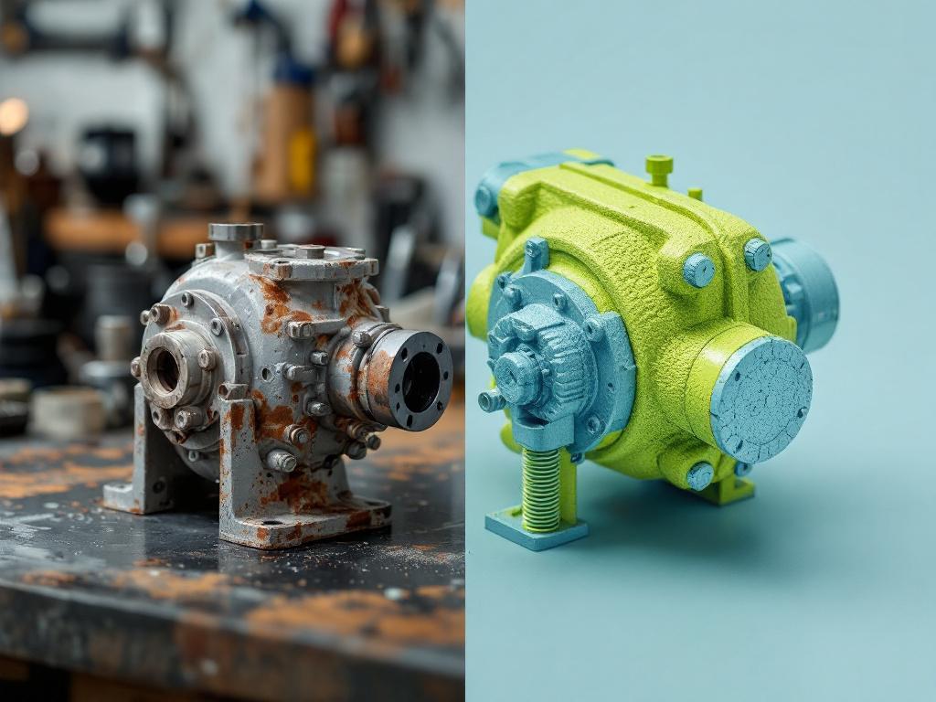 Before/after split: left side shows a worn industrial pump component photographed conventionally on a workbench; right side shows the same component as a textured 3D model rendered in CAD software, with annotation callouts identifying key features. D
