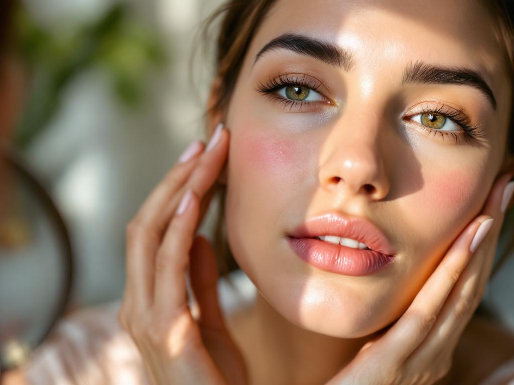 Close-up overhead shot of a woman's face in natural window light, showing genuine post-acne marks on the cheek and jawline. No heavy retouching. She's holding a hand mirror, examining the marks. Warm, honest, not clinical.