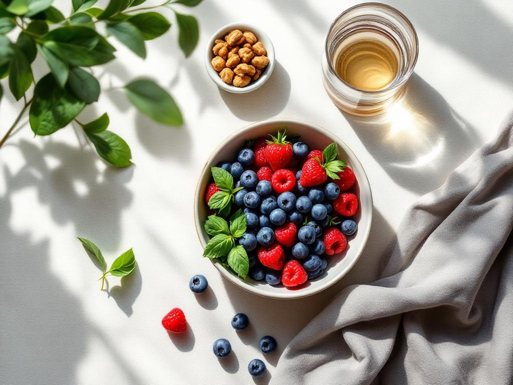 Overhead shot of a small breakfast scene — a bowl of berries, leafy greens, a glass of water, a small dish of walnuts, on a soft linen background with morning light.