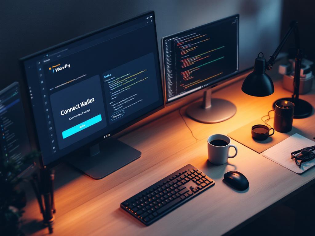 Overhead shot of a developer workstation with two monitors: left shows a wallet UI mockup with "Connect Wallet" button and token dropdown; right shows terminal with ethers.js code. Warm desk lamp, mechanical keyboard, coffee cup. Shot at sl
