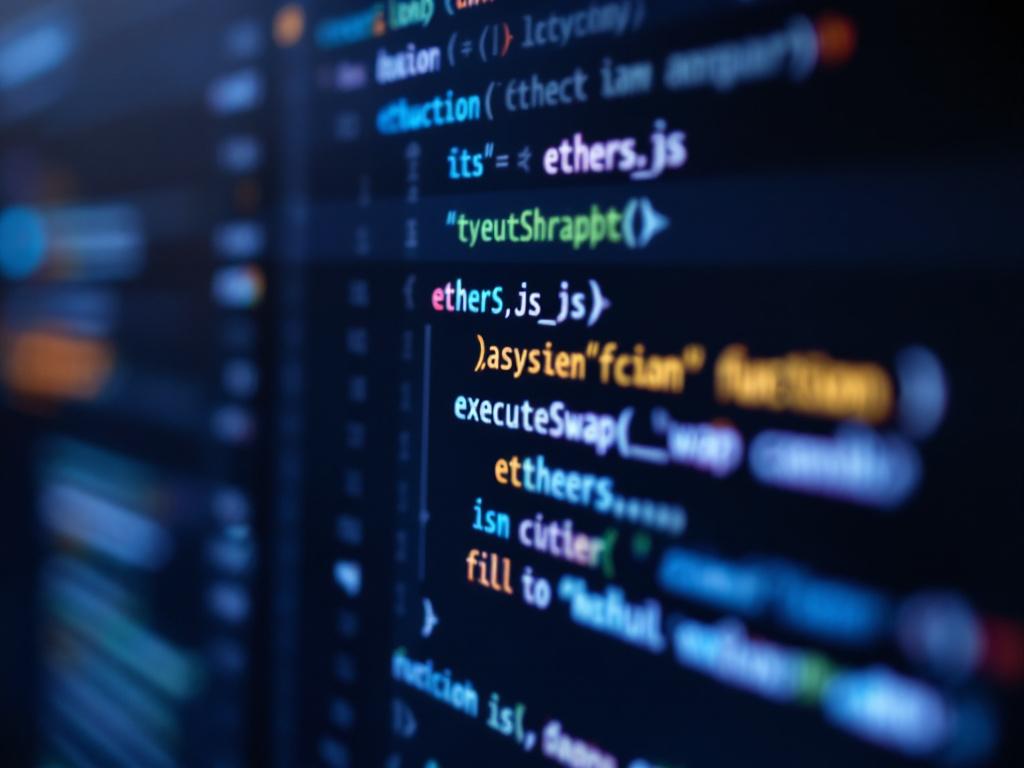 Close-up of code editor showing a TypeScript file with ethers.js imports and a function signature like `async function executeSwap(...)`. Shallow depth of field, dark theme.