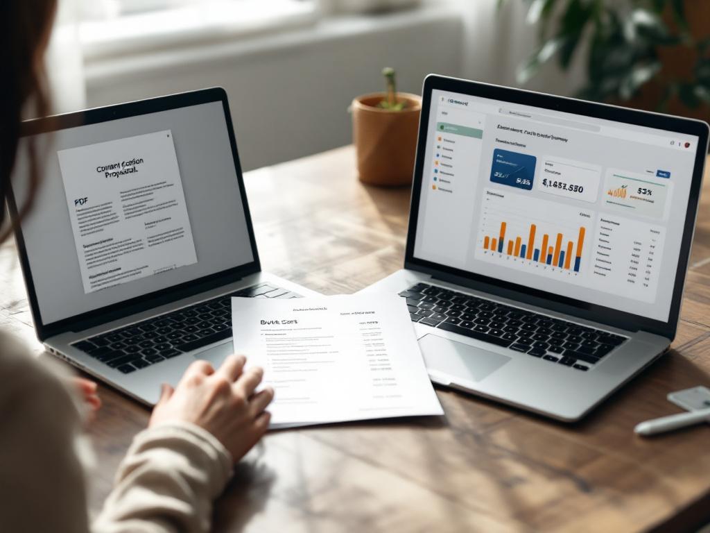 Foto de grande angular da mesa de um gerente de marketing com dois laptops abertos lado a lado — um mostrando um PDF de proposta de agência, o outro mostrando um painel de plataforma de conteúdo IA. Uma planilha impressa com números de orçamento fica entre eles. Iluminação natural da janela
