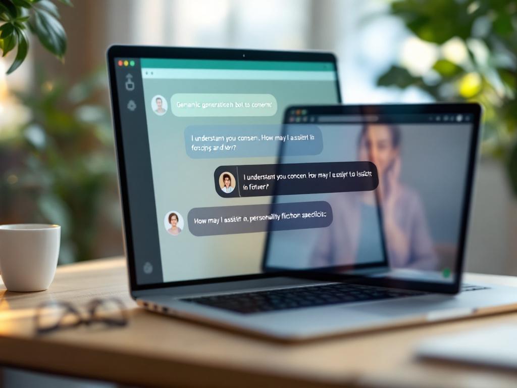 Ein Laptop-Bildschirm, aufgeteilt in zwei gestapelte Chat-Schnittstellen — oberes Fenster zeigt generischen, höflichen Bot-Dialog („Ich verstehe Ihre Bedenken. Wie kann ich Ihnen weiter helfen?