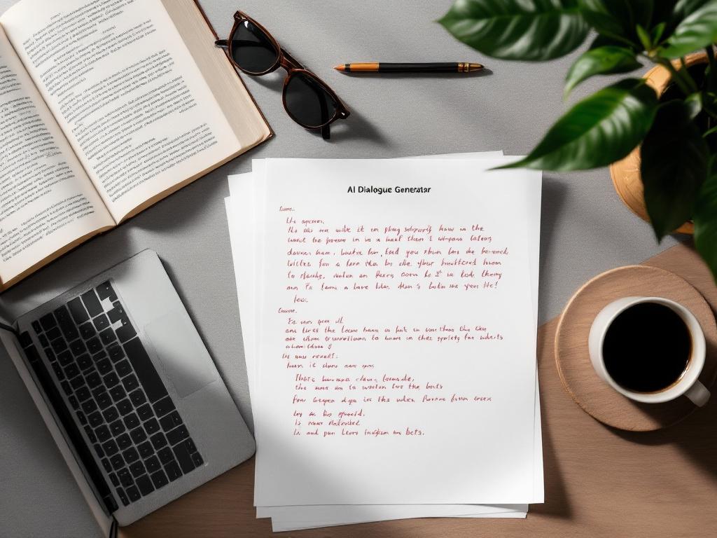 Ein flach-lag von einem Schreiber's Schreibtisch — Laptop offen mit einem Drehbuch-formatiertes Dokument sichtbar, ein ausgedruckter Entwurf daneben mit roter Stift-Bearbeitung bedeckt, eine Kaffeetasse, ein Taschenbuch offen gezogen umgekehrt. Warmes Licht von oben, leicht unordentlich, authentische Arbeit