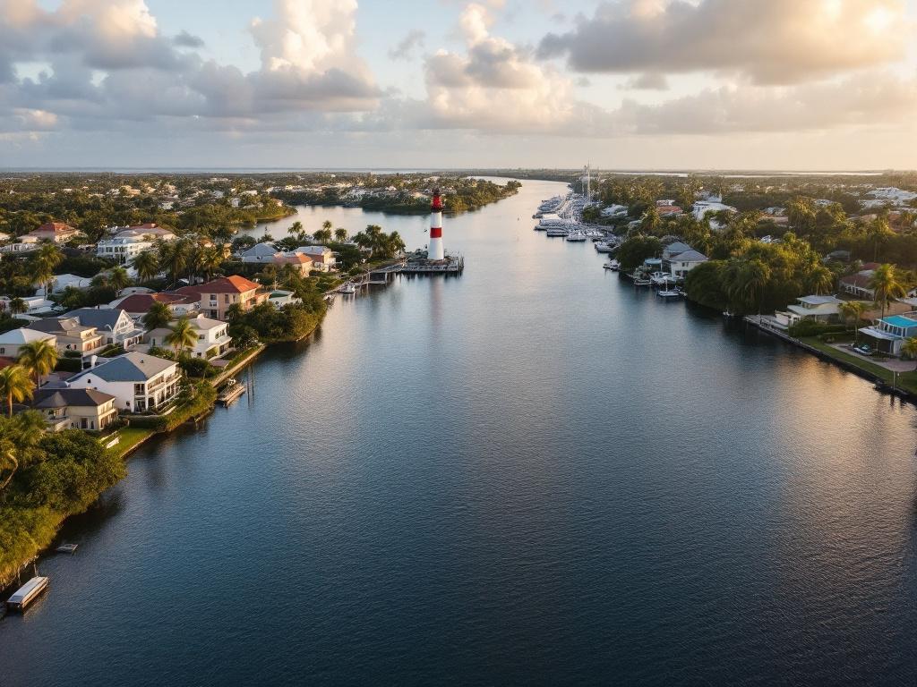 Aerial or elevated wide shot of Jupiter, FL waterfront — Intracoastal Waterway with the iconic red-and-white Jupiter Inlet Lighthouse visible, surrounding palms, mix of waterfront homes and marina. Late-afternoon golden-hour lighting. Shot should com