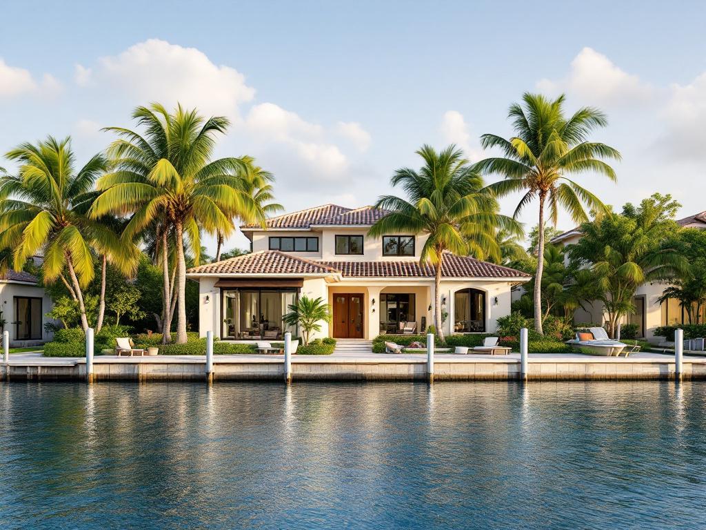 Jupiter, FL waterfront single-family home, two-story, soft Mediterranean architecture with tile roof and palm landscaping, dock with small boat visible at rear. Mid-morning light. Shot communicates 'realistic mid-tier Jupiter waterfront' — not estate