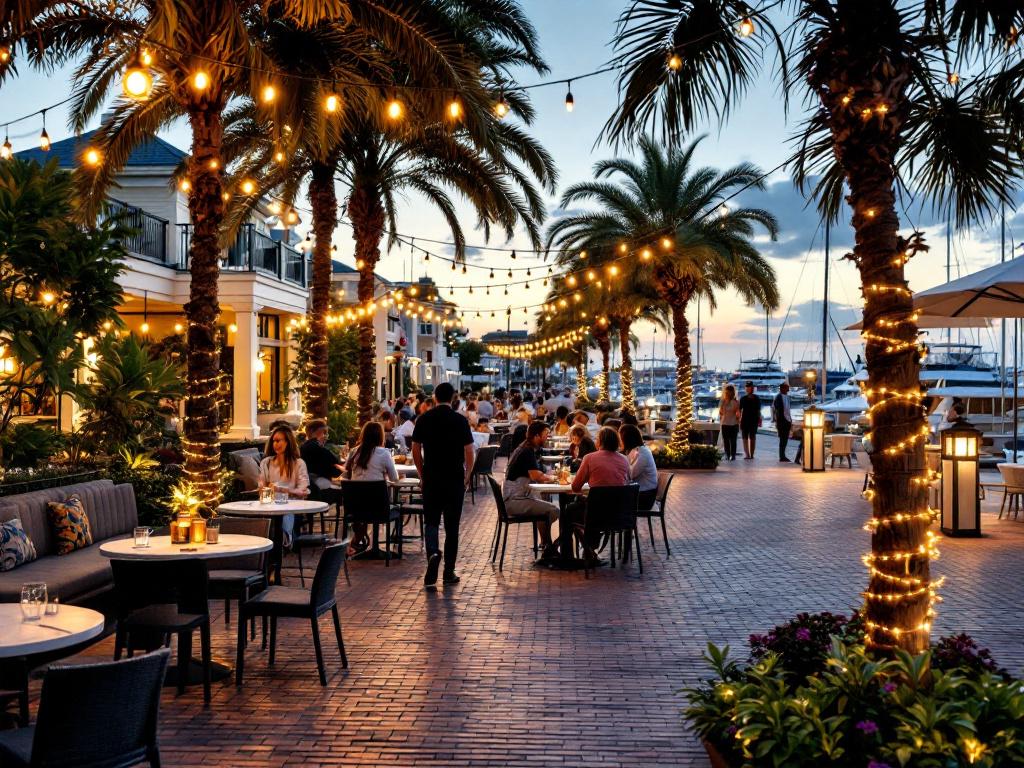 Downtown Jupiter Harbourside Place at dusk — outdoor dining tables under string lights, marina with boats in background, walkable brick-paved promenade, a few pedestrians silhouetted. Communicates 'walkable coastal town,' not 'tourist destination.'