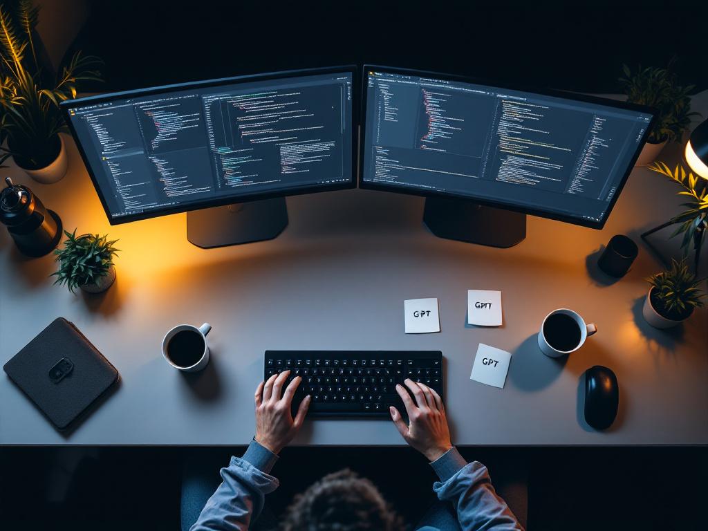 Overhead shot of a developer workstation — dual monitors with split-screen IDE views (one showing Claude output, one showing GPT output side-by-side), coffee, mechanical keyboard, sticky notes with model names. Warm, focused lighting. Not stock-photo