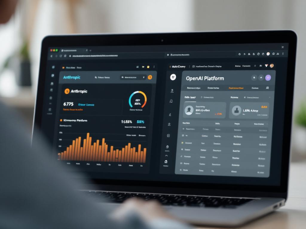 Close-up of a developer's screen showing two browser tabs side-by-side — one with Anthropic Console (token usage stats visible), one with OpenAI Platform (billing dashboard visible). Slightly blurred to avoid showing identifying account info.