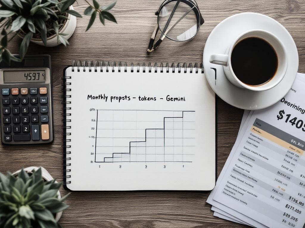 Top-down flat-lay of a developer's desk — open notebook with a spreadsheet sketch showing "monthly prompts × tokens × rate," a calculator, a printed pricing sheet with highlighted numbers, a half-empty coffee cup.