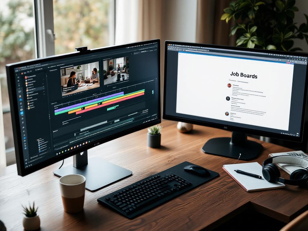 Widok z góry biurka domowego z konfiguracją dwóch monitorów. Lewy monitor wyświetla linię czasową edycji wideo (interfejs w stylu DaVinci Resolve lub Premiere, bez widocznych logo); prawy monitor pokazuje ogólną stronę ogłoszeń. Filiżanka kawy, notes