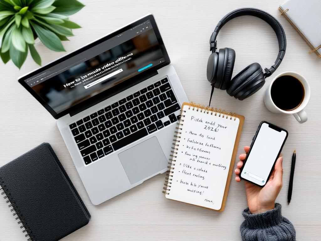 Płaska kompozycja roboczego — laptop otwarty pokazujący ogólny interfejs platformy freelance (bez konkretnego logo widocznego), notes w spirali z ręcznie napisanym schematem pitch'u, smartfon wyświetlający ogólny ekran wiadomości, słuchawki, kawa. Kąt od góry, neu