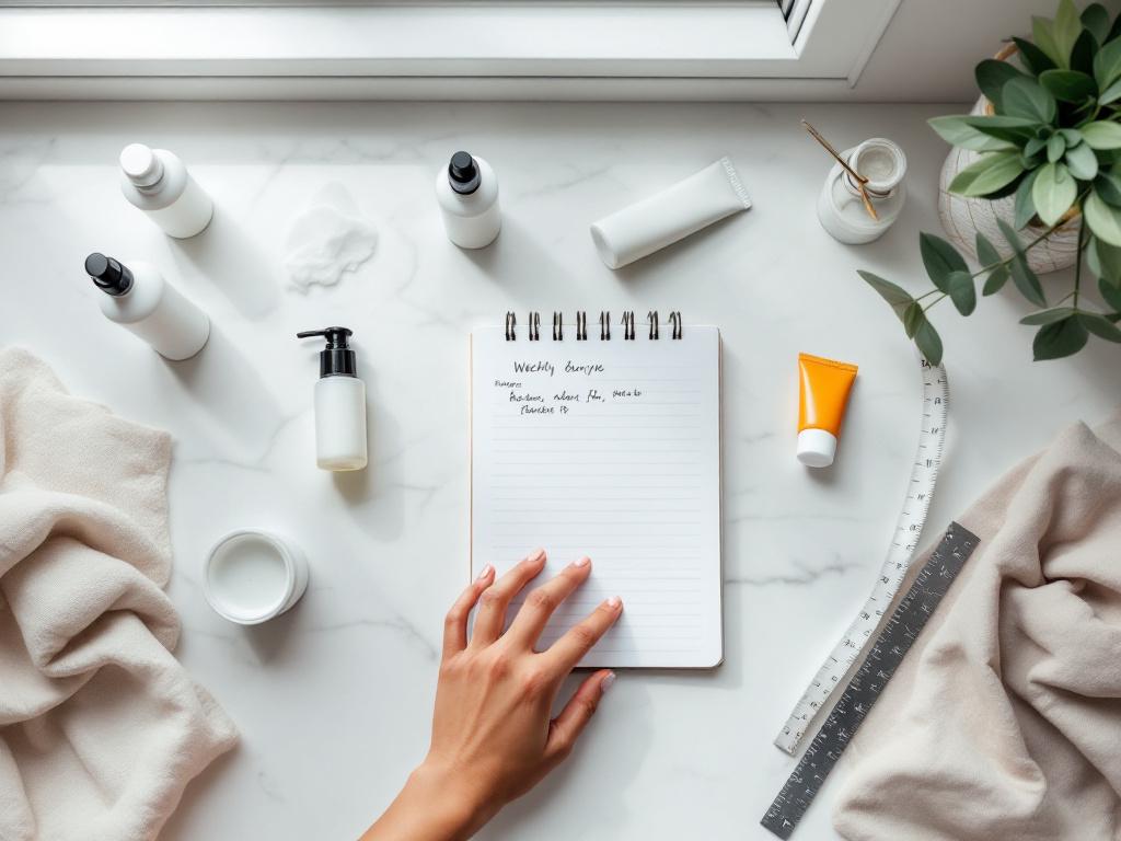 Overhead flatlay of a bathroom counter with 4–5 unbranded skincare bottles (cleanser, serum, moisturizer, sunscreen tube), a notebook with handwritten weekly schedule, a tape measure or ruler suggesting a measured approach. Natural daylight from wind