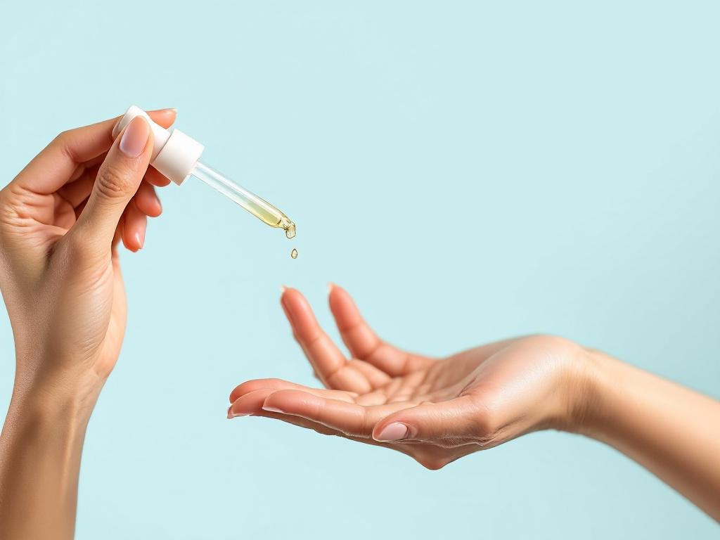 Hands applying a pea-sized serum drop to clean, slightly damp skin. Side angle showing the amount. Diverse skin tone, natural lighting.