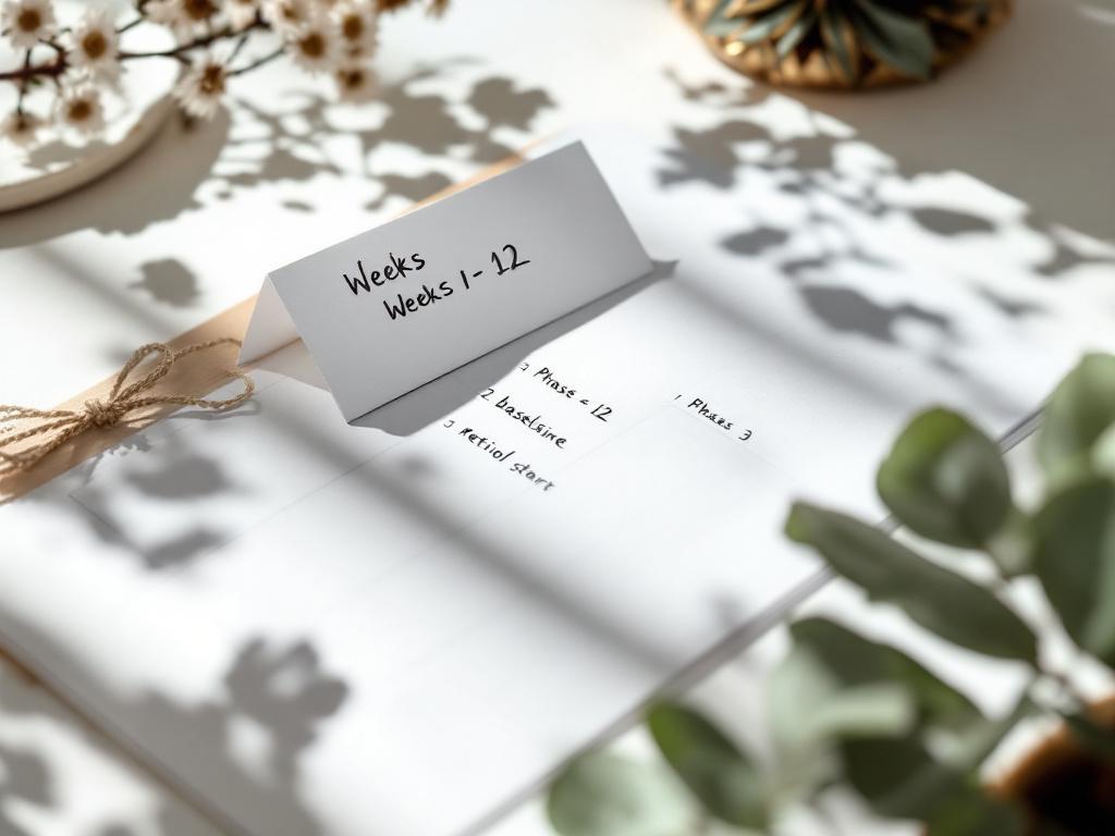 A calendar or planner page with weeks 1–12 marked, simple handwritten notes ("Phase 1: baseline," "Phase 2: hydrate," "Phase 3: retinol start"). Suggests methodical tracking. No product branding visible.