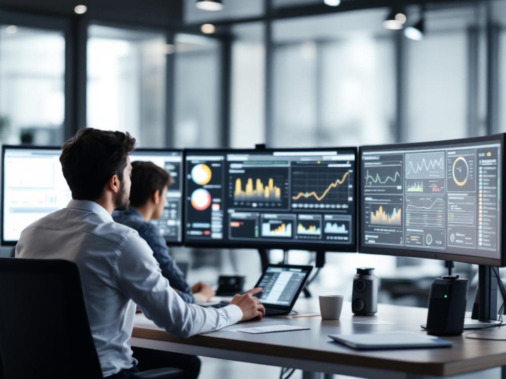 Operations control room scene — three professionals at curved monitor workstations reviewing live workflow dashboards with status panels visible (queues, error rates, throughput counters). Wide angle, shot from behind so screens are partially visible