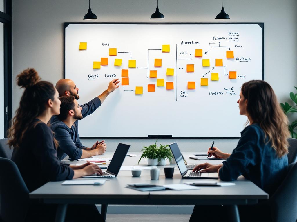 Whiteboard process-mapping session — team of 4-5 in a meeting room with a large whiteboard covered in sticky notes forming a workflow diagram. Hands gesturing at the board, laptops open on the table, visible process steps written in marker. Mid-sessi