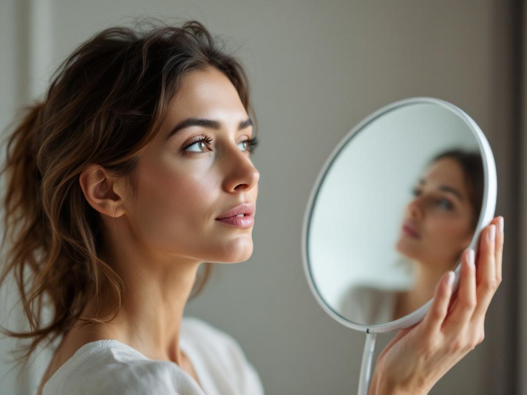 A woman in her mid-40s, natural light, no makeup, looking at her reflection in a handheld mirror — angled slightly from behind so we see both her face in profile and her mirrored gaze. Soft morning light, neutral background, contemplative rather than