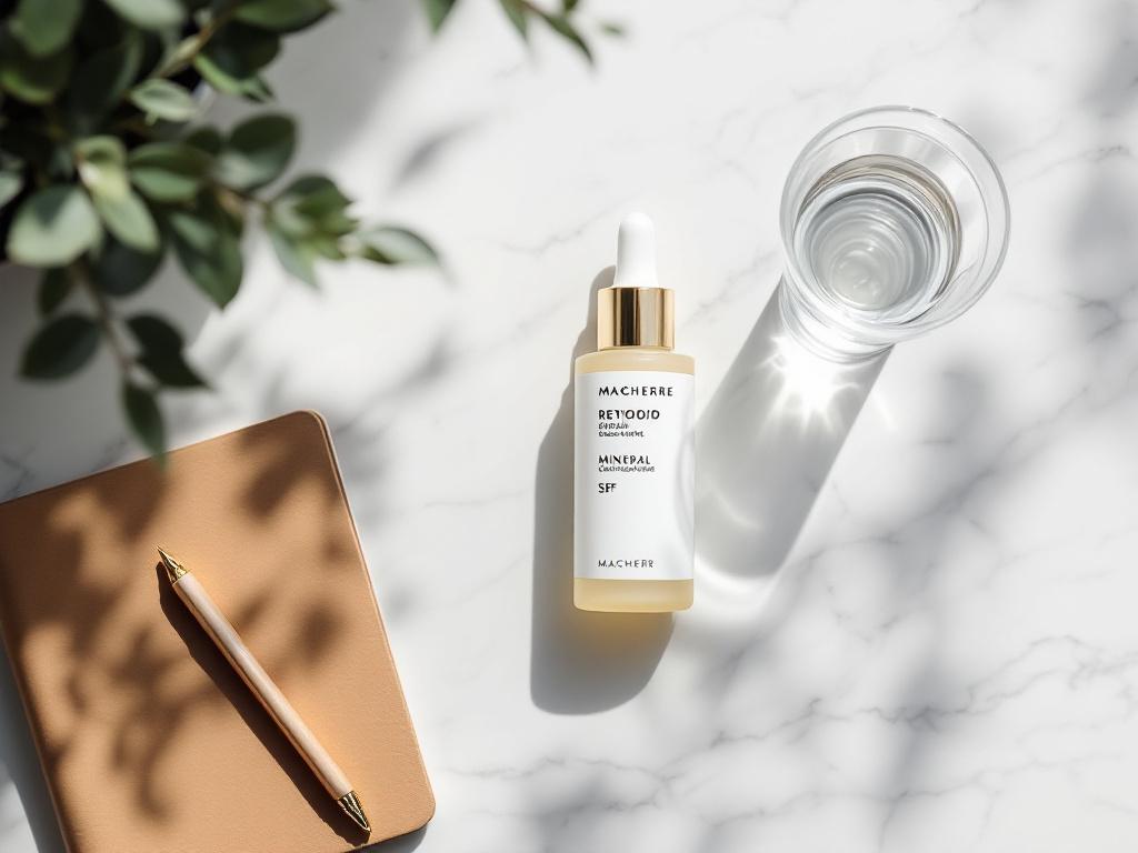 Overhead flat-lay of a minimal evidence-based skincare regimen — one retinoid tube, one peptide serum dropper, one mineral SPF, a glass of water, a notebook. Soft natural light, marble surface. Caption: A disciplined topical protocol costs less per y