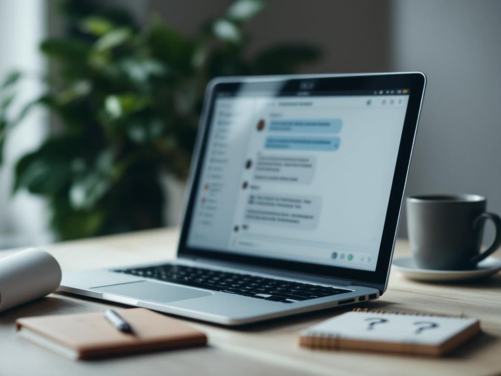Close-up of a laptop screen showing a chat interface mid-response, with a coffee cup beside it and a notebook with handwritten question marks next to the screen. Slightly desaturated, professional lighting. The screen text is intentionally blurred to