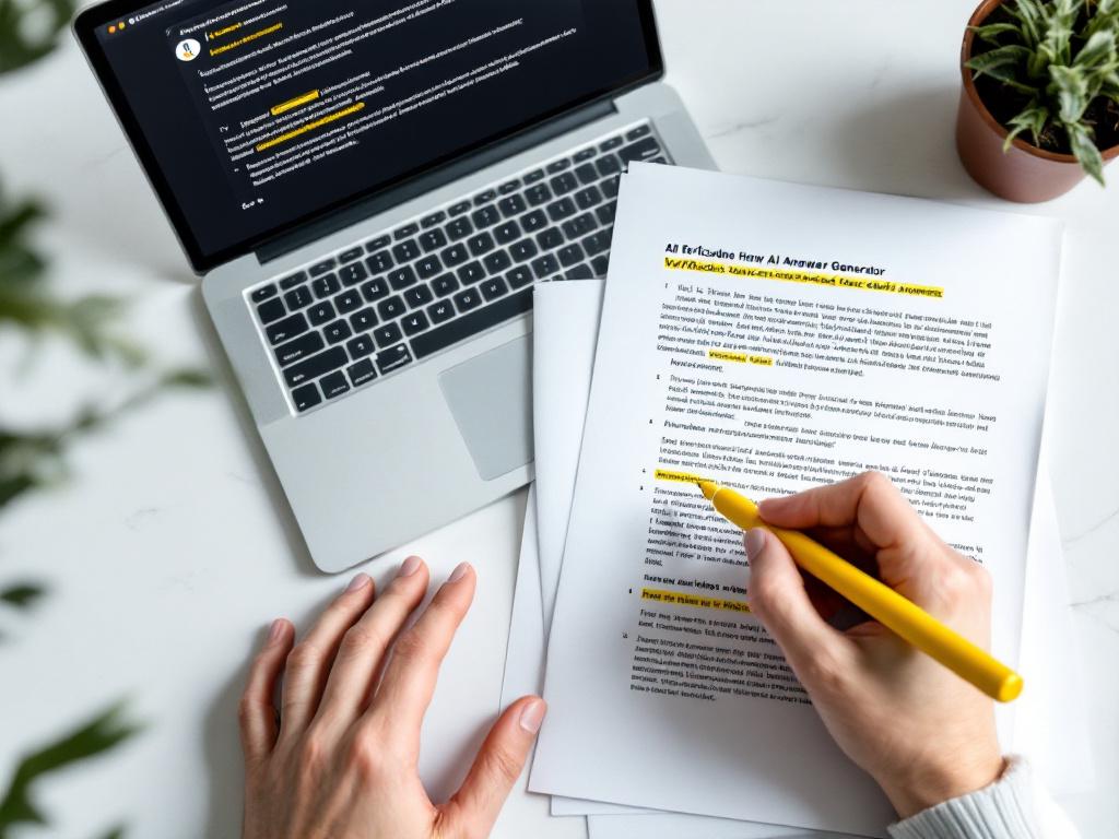 Overhead desktop shot showing a laptop with an AI chat response on screen, a printed-out page beside it with sections highlighted in yellow marker, and a hand holding the marker mid-annotation. The visible text on both screen and paper is intentional