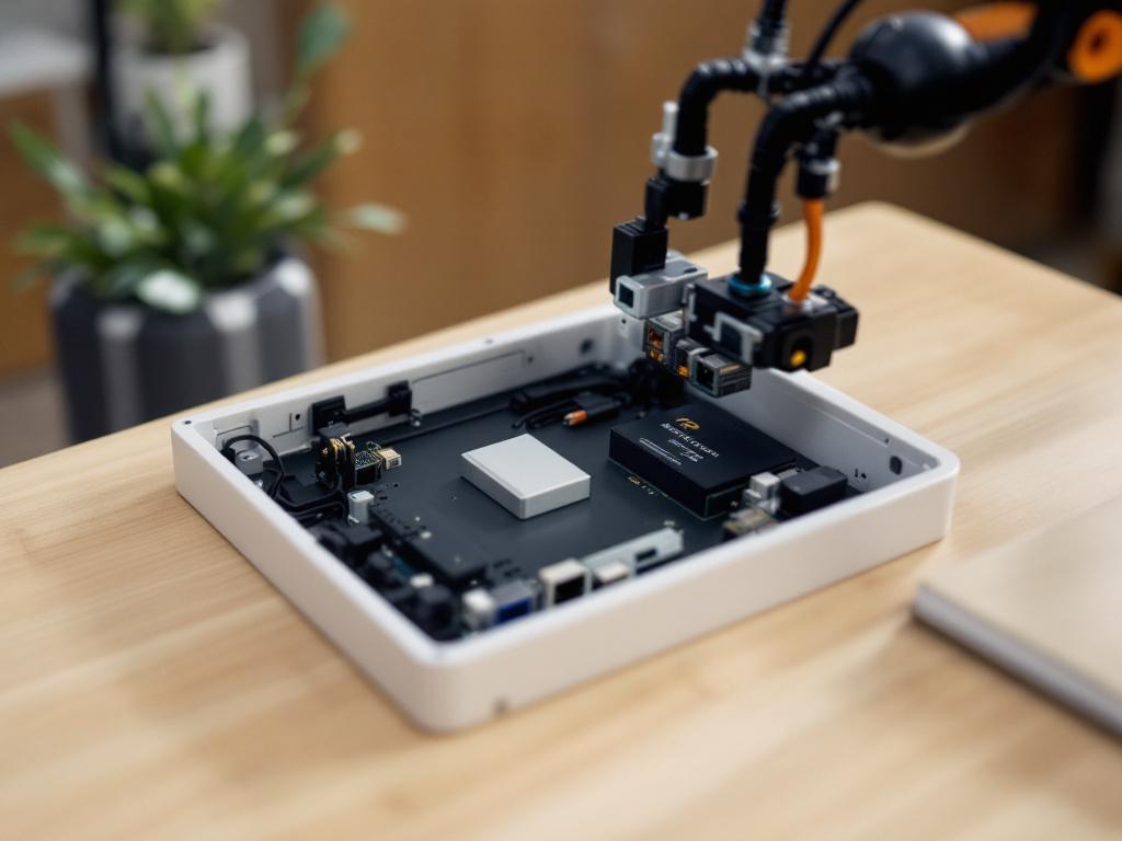An industrial enclosure showing a Jetson AGX Orin or similar edge compute module with Ethernet cables running to a robot arm. Depicts the ROS2 brain plus vendor real-time controller hybrid architecture in physical form.