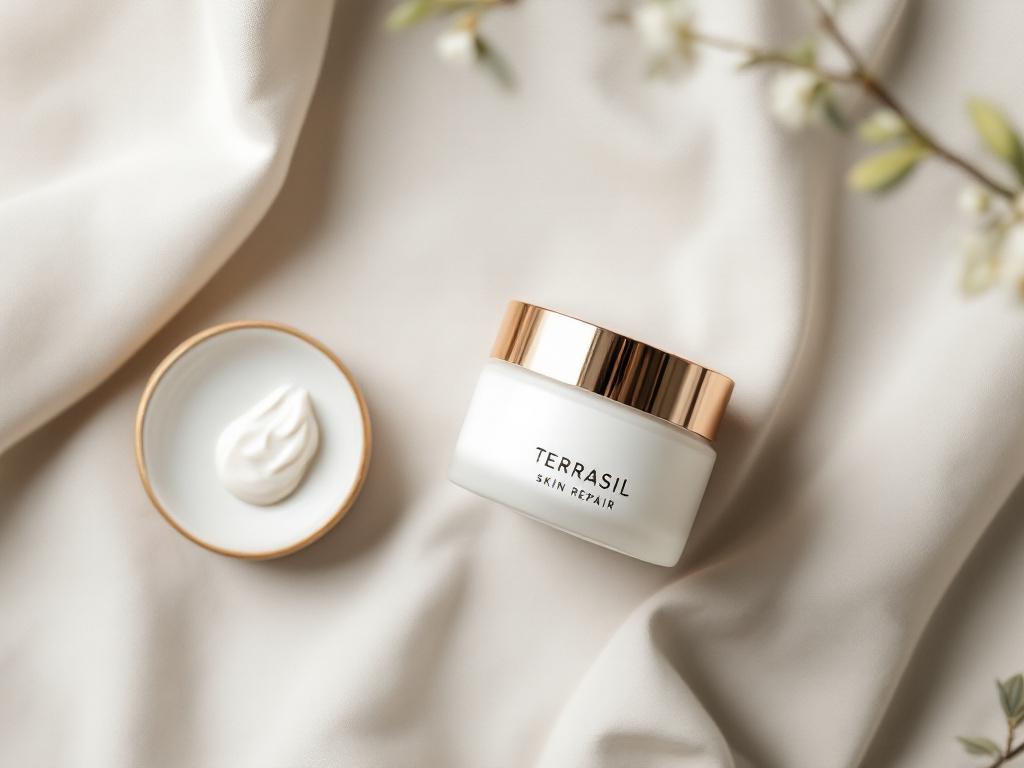 Flat-lay overhead shot of an unopened Terrasil Skin Repair jar on a neutral linen background, beside a small ceramic dish with a finger-sized dab of the cream showing texture and off-white color. Soft natural daylight from upper left. No hands, no sk