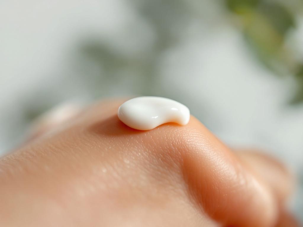 Close-up macro shot of a small amount of Terrasil cream on a fingertip held against a forearm, showing the texture's thickness and the slight off-white tone. Natural lighting, no heavy retouching, no model identification.
