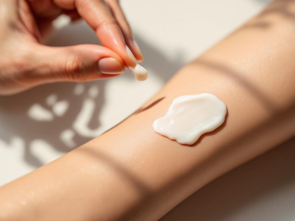 Three-frame stacked composition showing (a) pea-sized dollop on a fingertip, (b) cream being applied to a forearm patch, (c) the same patch a few minutes later showing the cream mostly absorbed with a faint occlusive sheen. Natural lighting, no face 