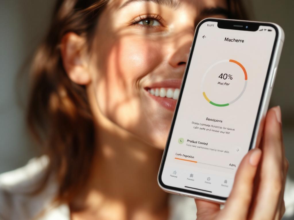 Close-up of a person's cheek showing mild redness/flushing, soft natural lighting, hand holding a smartphone with the Macherre app open displaying a product compatibility score. Composition: 60% face, 40% phone screen. Warm, empathetic, not clinical.