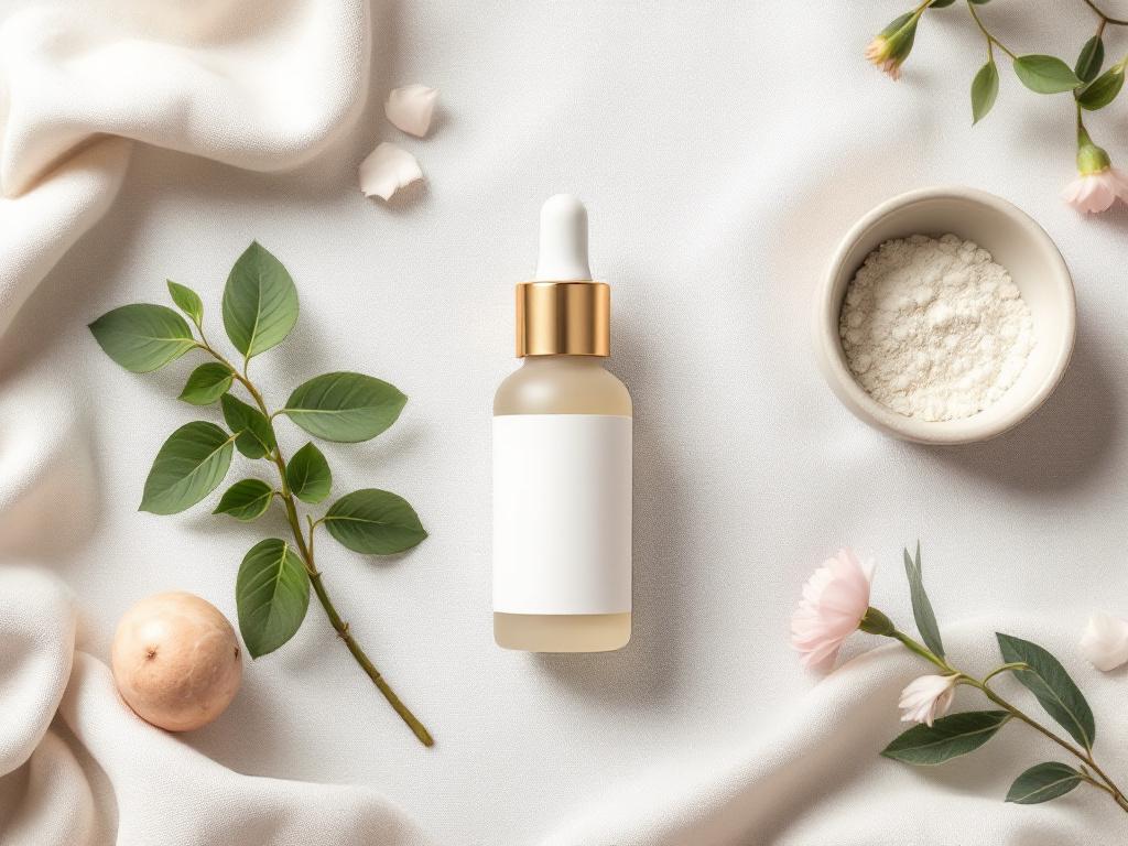 Overhead flat-lay on a neutral linen background — a small centella asiatica leaf sprig, a dropper bottle of azelaic acid serum, a niacinamide serum bottle (label visible but generic), a small ceramic dish of allantoin powder. Soft natural lighting, c