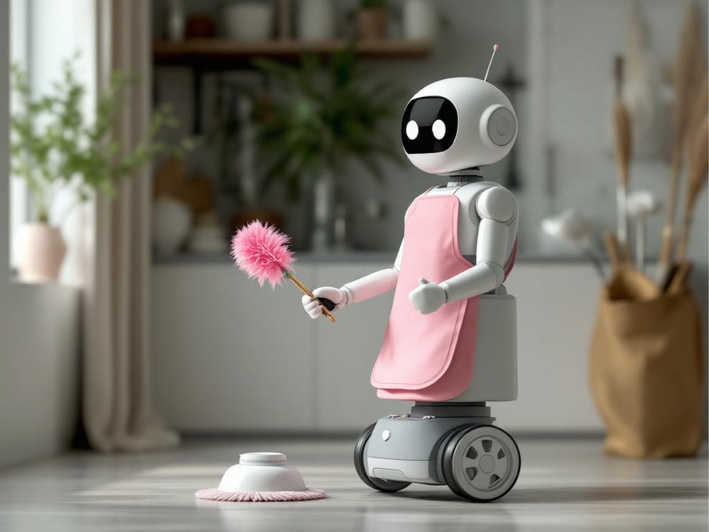 Iconic Rosie the robot reference image — three-quarter view showing her wheeled base, articulated arm holding a feather duster, and conical apron. Caption: "Rosie the robot, 1962: wheeled base, single visible arm, mechanical honesty. Every desig