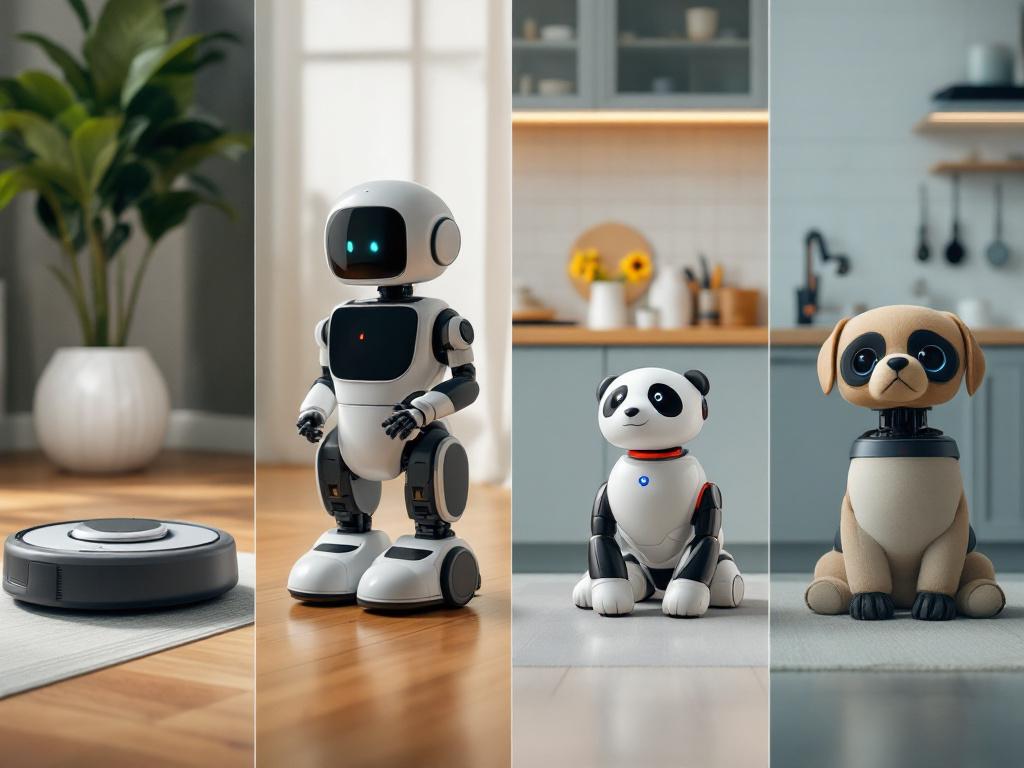 Side-by-side product photography of four modern home robots — a Roomba on hardwood, a Franka Panda cobot arm on a benchtop, a Sony Aibo robot dog, and a Starship sidewalk delivery robot. Caption: "Rosie's descendants. Each abandoned 80% of her d