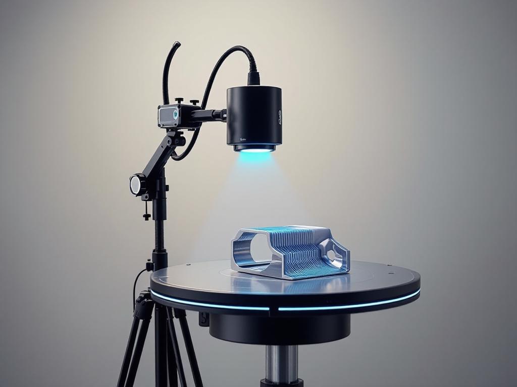A GOM/ZEISS blue-light scanner mounted on a tripod over a metal automotive bracket on a rotation table. Blue fringe pattern visibly projected across the part's surface. Lab setting with neutral gray backdrop. 1200 × 800 px.