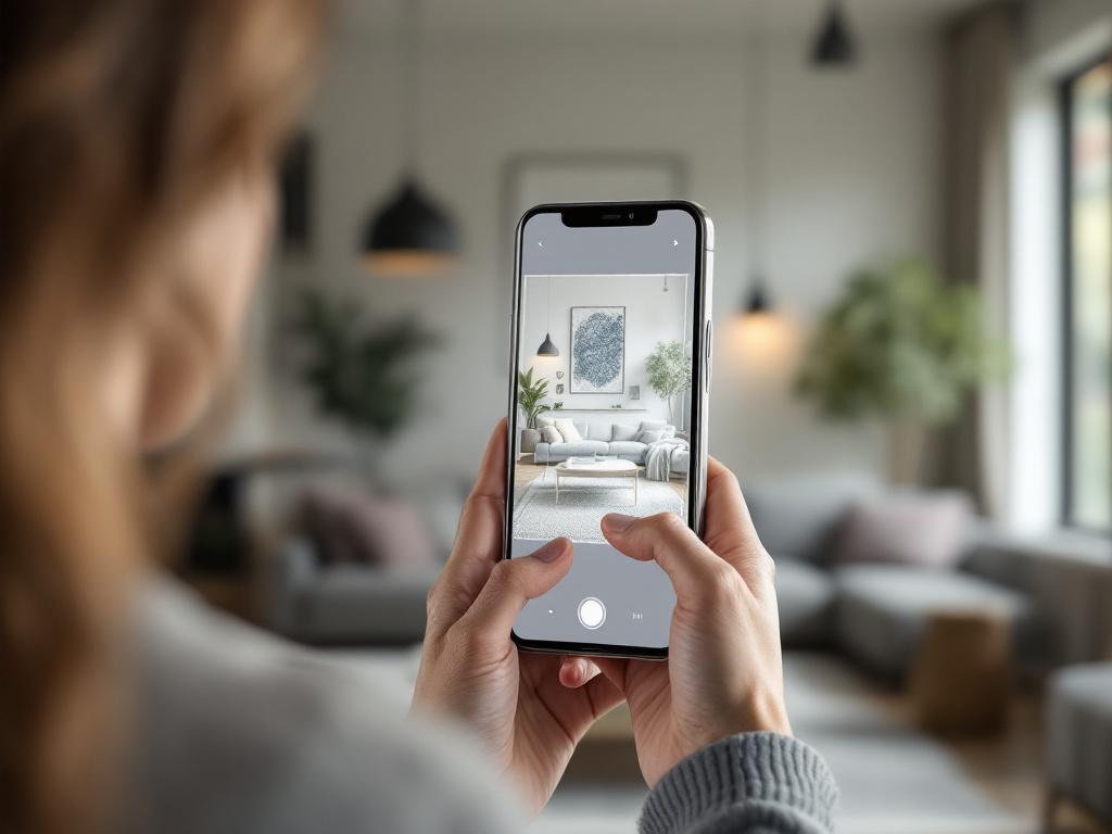 An interior designer holding an iPhone, scanning a residential living room with Voxelio's mesh overlay visible on the screen. Real environment, natural lighting, on-screen scanning UI visible. 1200 × 800 px.