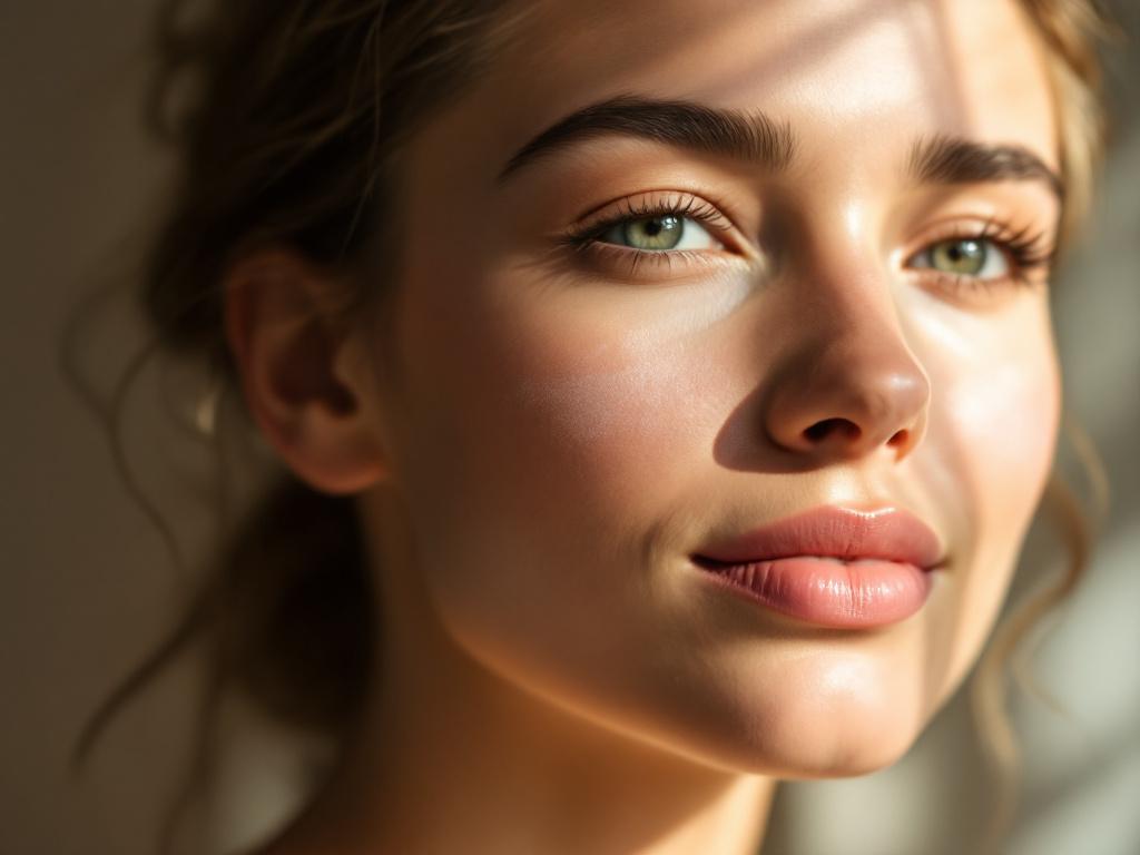 Close-up portrait of a woman's face at approximately 45-degree angle in soft natural window light, showing subtle melasma patches across the cheekbones and forehead. Honest lighting, not overly retouched. Neutral background, warm tone. Caption: &quot
