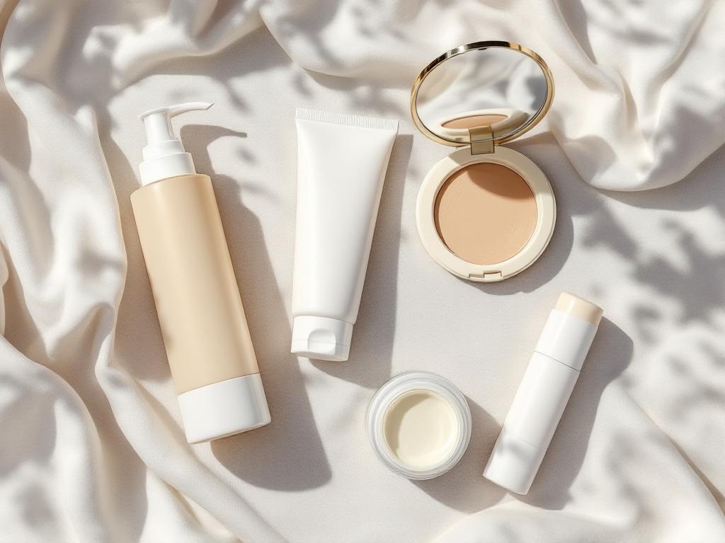 A flat-lay on a neutral linen or marble surface featuring 5–6 representative sunscreen product types: a fluid lotion in a pump bottle, a tinted mineral cream in a tube, a mineral powder compact (open, showing the brush), a gel-cream in a small jar, a