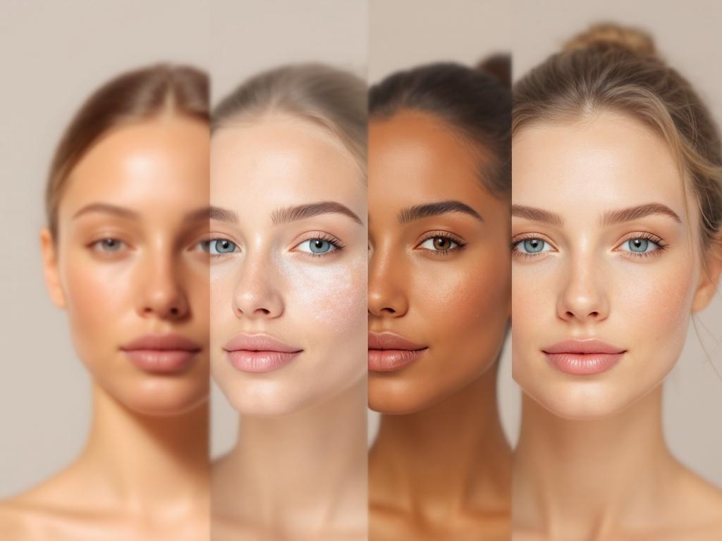 A grid composition showing four portraits representing the four skin scenarios — varied Fitzpatrick types, varied pigmentation patterns (melasma, PIH, age spots, mixed). Natural lighting, no heavy retouching, faces shown at chest-up framing. Caption: