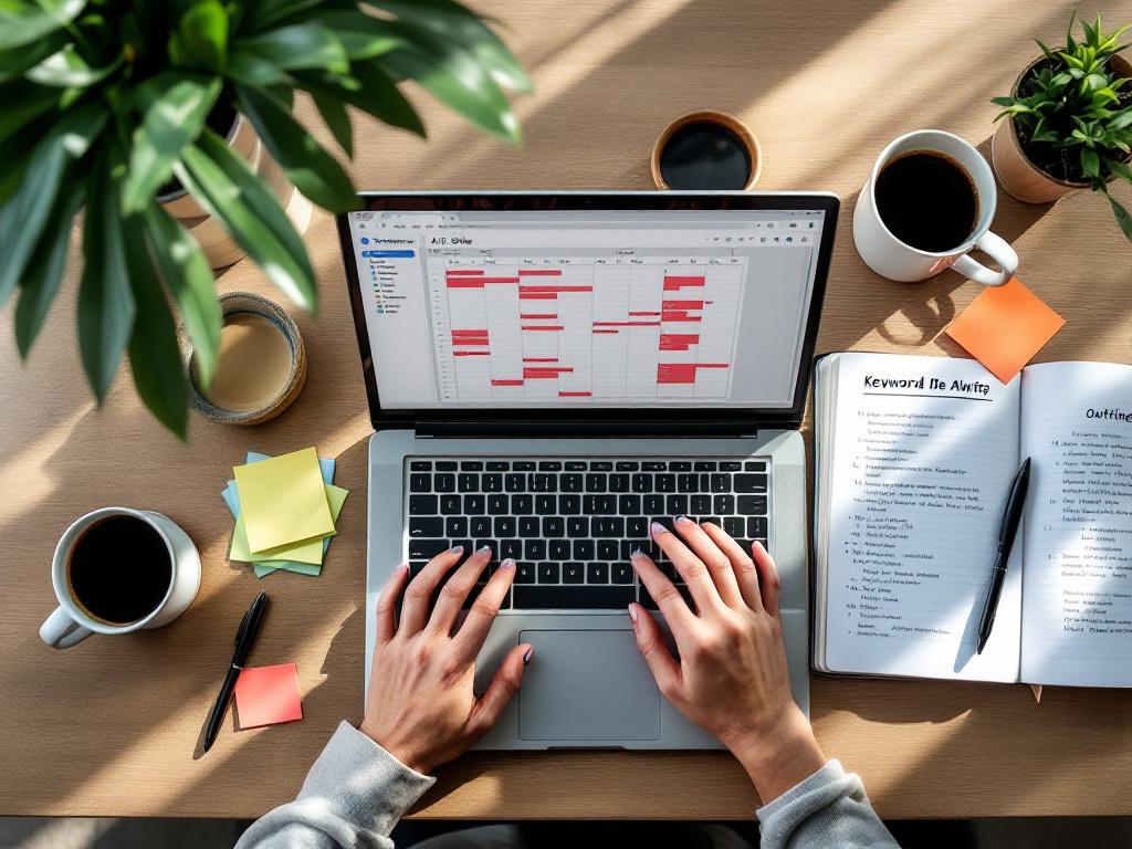Overhead shot of a cluttered marketer's desk — open laptop showing a content calendar spreadsheet with red overdue cells, three coffee cups, sticky notes with keyword ideas, a notebook open to a half-written outline. Natural morning light from the si