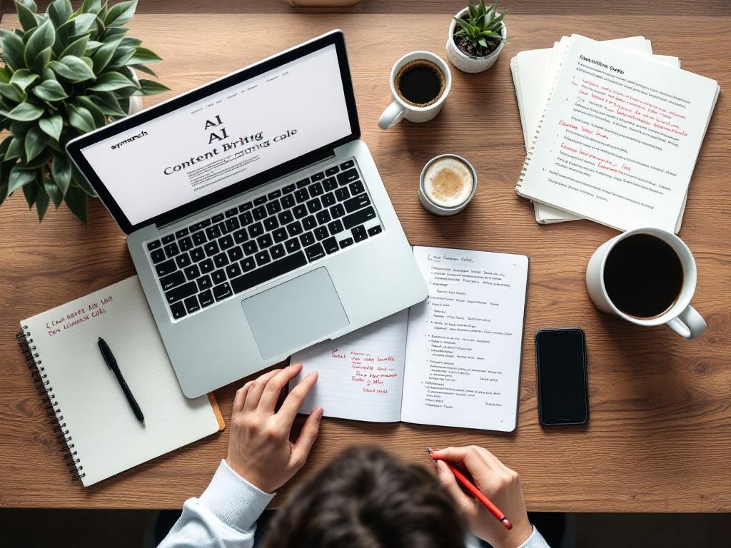 A flat-lay on a wooden desk — a laptop showing an AI tool's draft on screen, a printed content brief beside it with handwritten red-pen edits, a coffee mug, and a notebook open to interview notes from a customer call. The visual story: the AI draft i