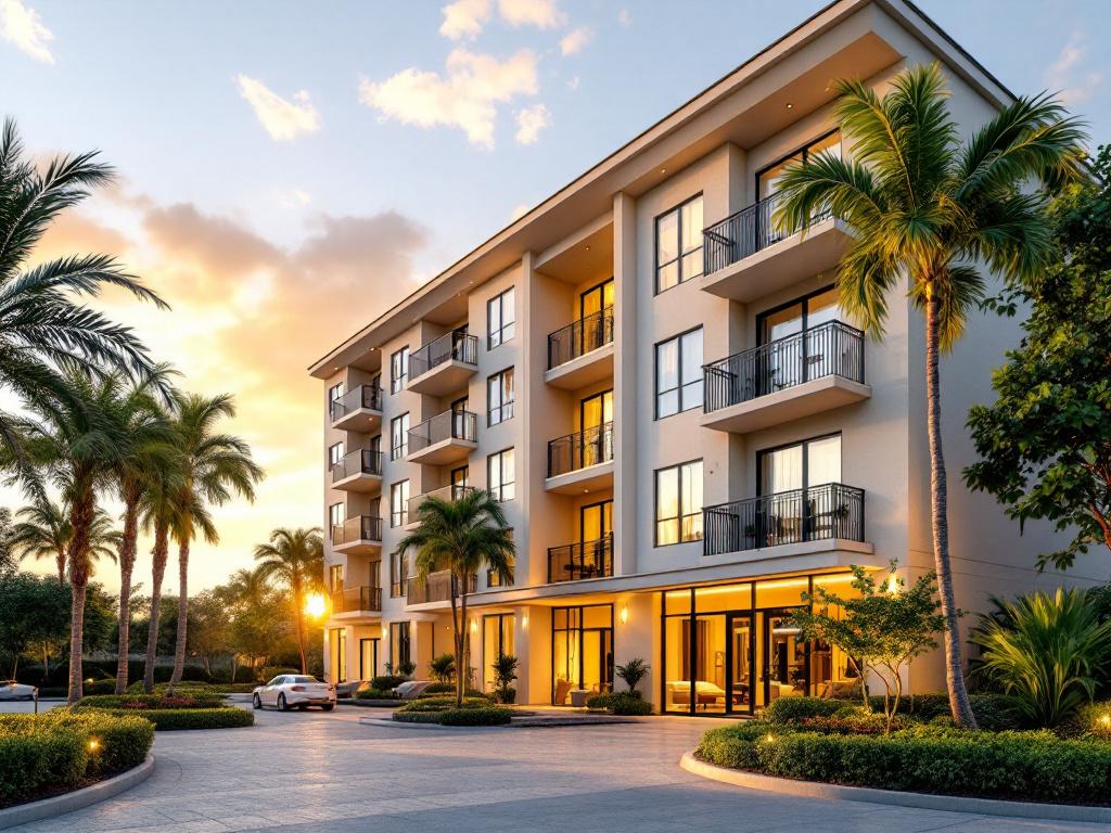 Hero image — wide-angle exterior shot of a mid-rise condo building at golden hour in Boca Raton, showing the façade, balconies, and landscaped entrance. Framing should suggest discerning evaluation, not luxury aspiration.