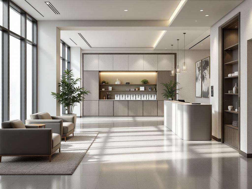 Interior lobby of a well-maintained condo building — clean flooring, good lighting, organized mailroom or concierge desk visible. Realistic mid-tier building, not staged luxury.