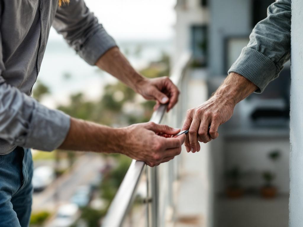 A buyer or agent on a balcony examining railing condition and concrete edge — practical inspection moment, not staged. Coastal Florida setting.