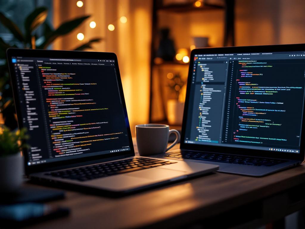 Close-up of a developer's desk at evening with two laptops side by side — left screen shows Kotlin code in Android Studio with Compose previews, right screen shows Dart code in VS Code with a Flutter widget tree. Coffee mug, mechanical keyboard, ambi