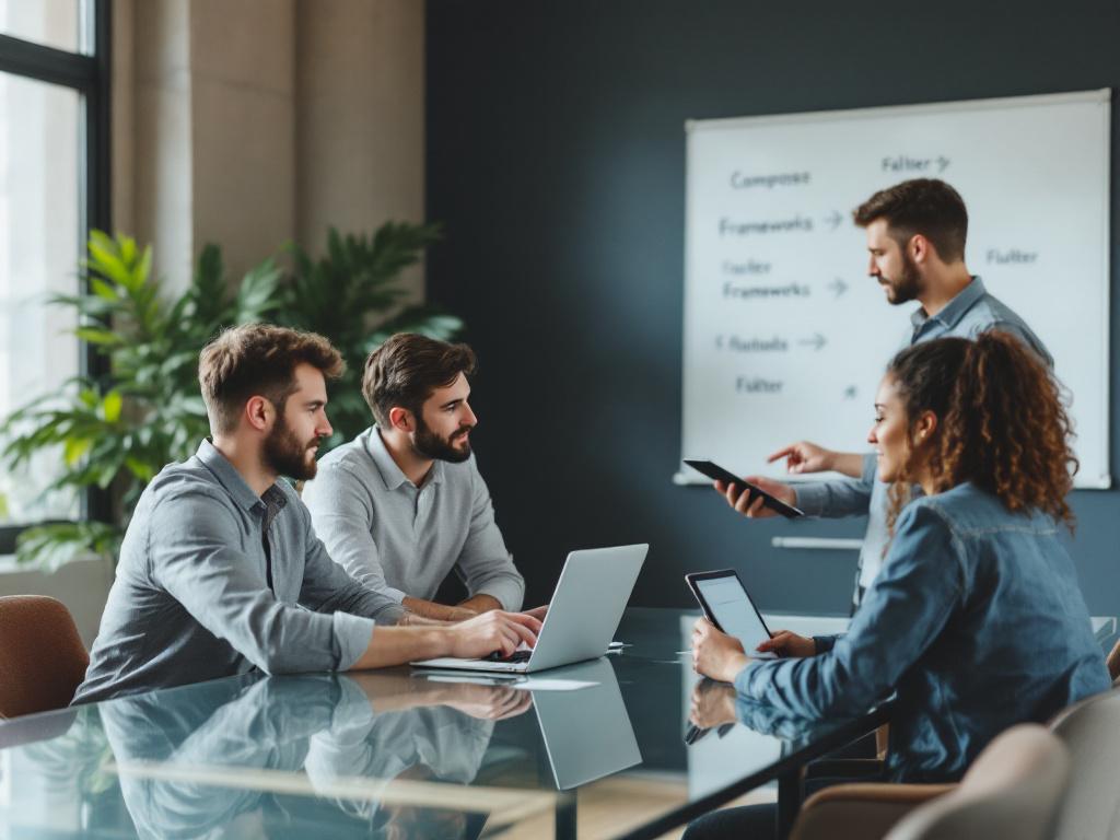 Small startup team of three at a glass conference table — one developer pointing at a laptop screen, one taking notes on an iPad, one standing at a whiteboard with framework names and arrows. Natural light, modern co-working space, mid-conversation c