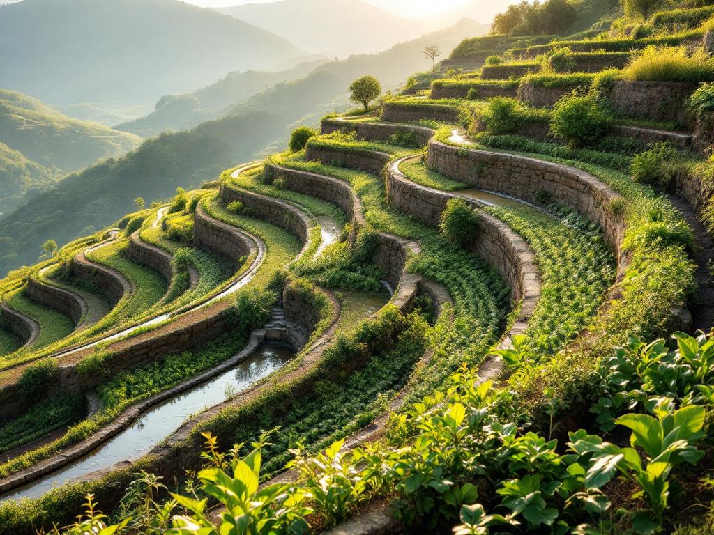 Hero shot — Wide landscape of an established stone bench terrace system on a steep hillside, mid-morning light, multiple bench levels visible, crops growing on each level. Evokes both ancient practice and modern productivity.