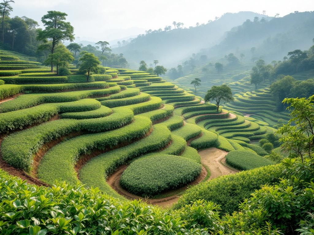 Established terrace system in a coffee or tea growing region — Colombian coffee terraces or Sri Lankan tea terraces — showing mature crop canopy, healthy plants, and clear bench geometry. Communicates what year 8 of a perennial terrace investment loo