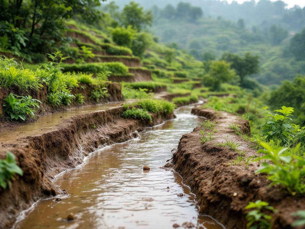 Established terraced hillside during or immediately after heavy rainfall, showing visible water retention on benches and clear (not muddy) water in designed waterways. Alternative: a lush established terrace system with visible vegetation diversity t